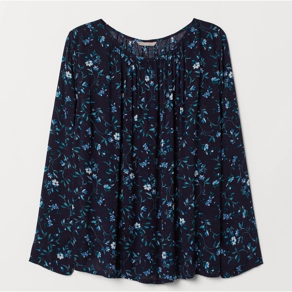H&M LOGG Womens 4 Navy Floral 100% Viscose Gauze Long Sleeve Peasant Blouse Top